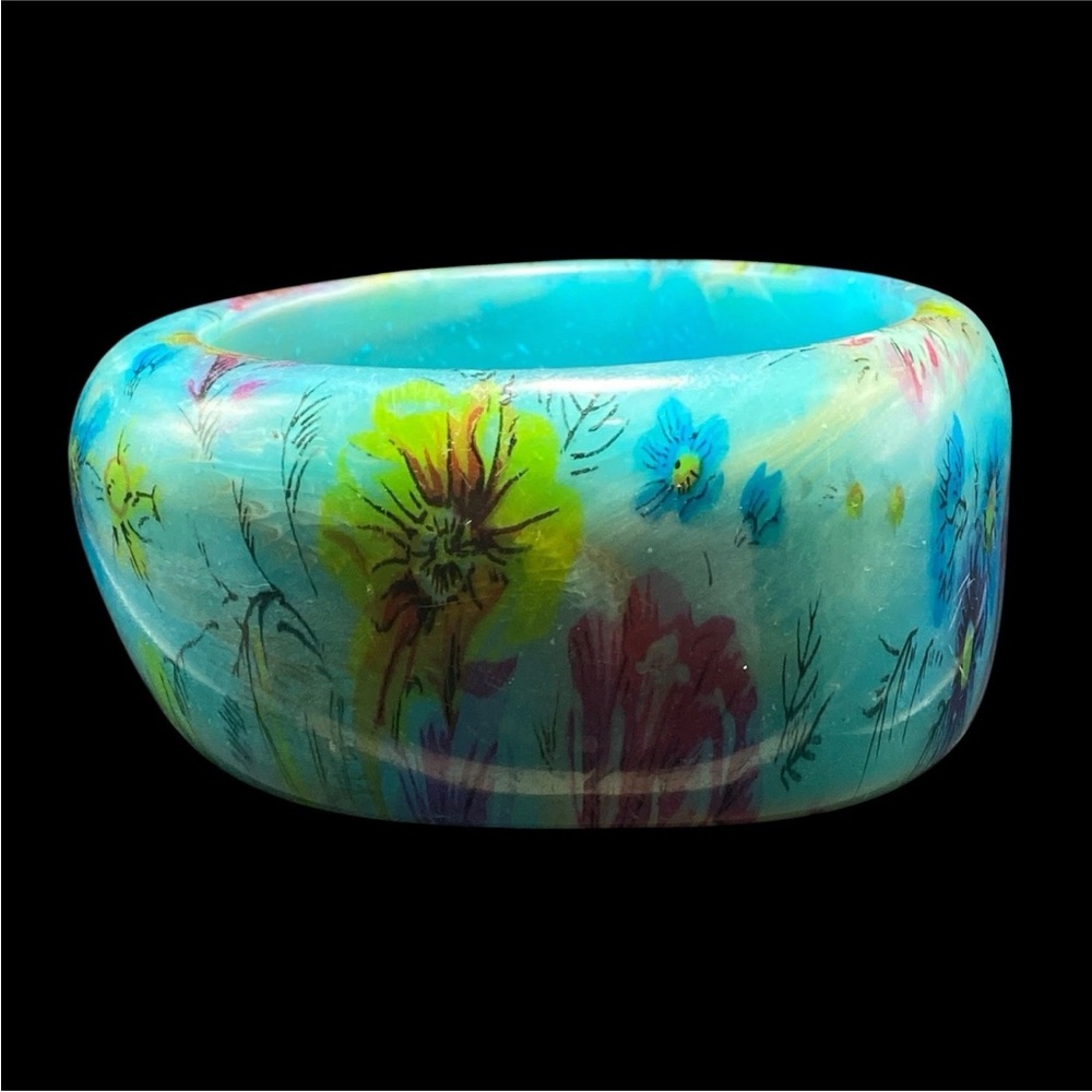 Chunky Resin Bracelet Flower Transfer Marble Blue Size 7.25